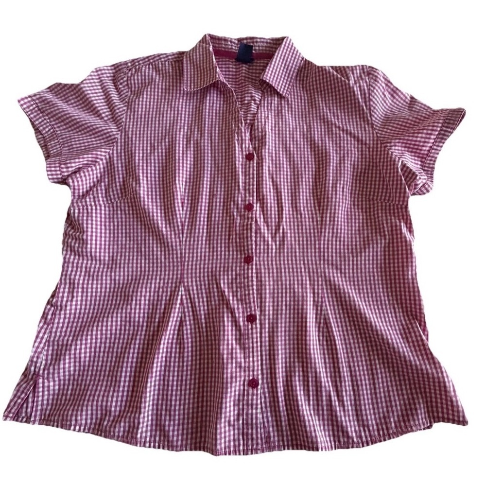 Basic Editions Button Up Shirt Womens XL Gingham Short Sleeve Country Picnic BBQ